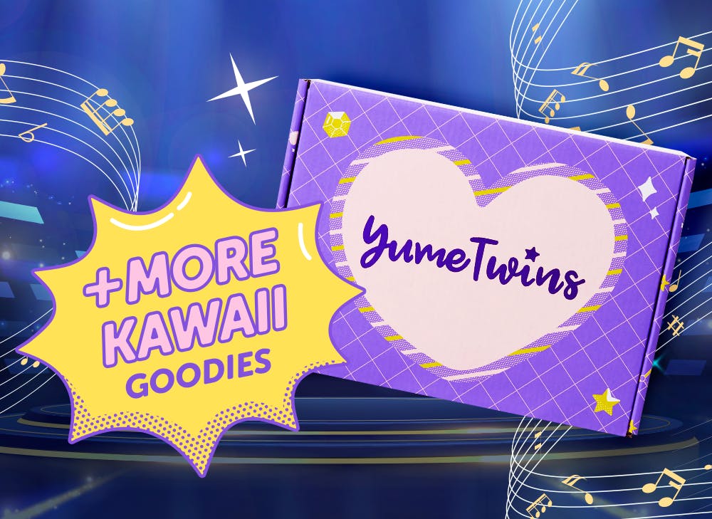 A purple YumeTwins box with a yellow word bubble with pink text and more Kawaii Goodies 