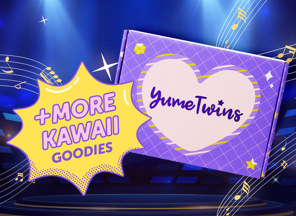 A purple YumeTwins box with a yellow bubble with the words + More Kawaii Goodies