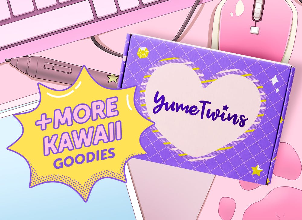 A purple YumeTwins box with a yellow word bubble with pink text and more Kawaii Goodies 