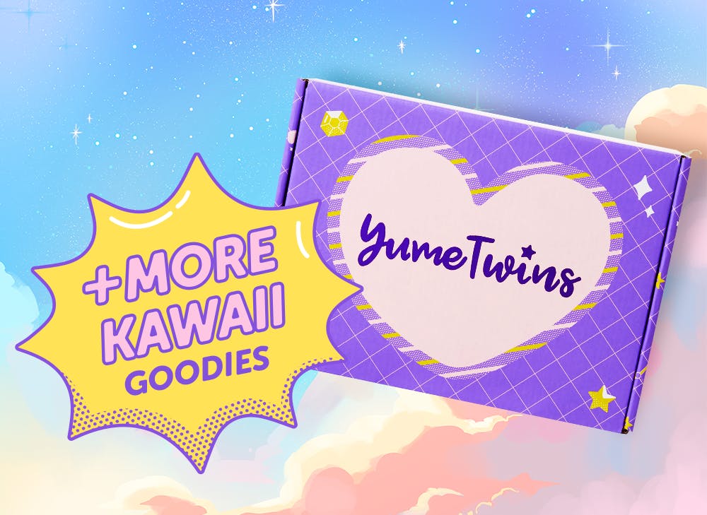 A purple YumeTwins box with a yellow word bubble with pink text and more Kawaii Goodies 