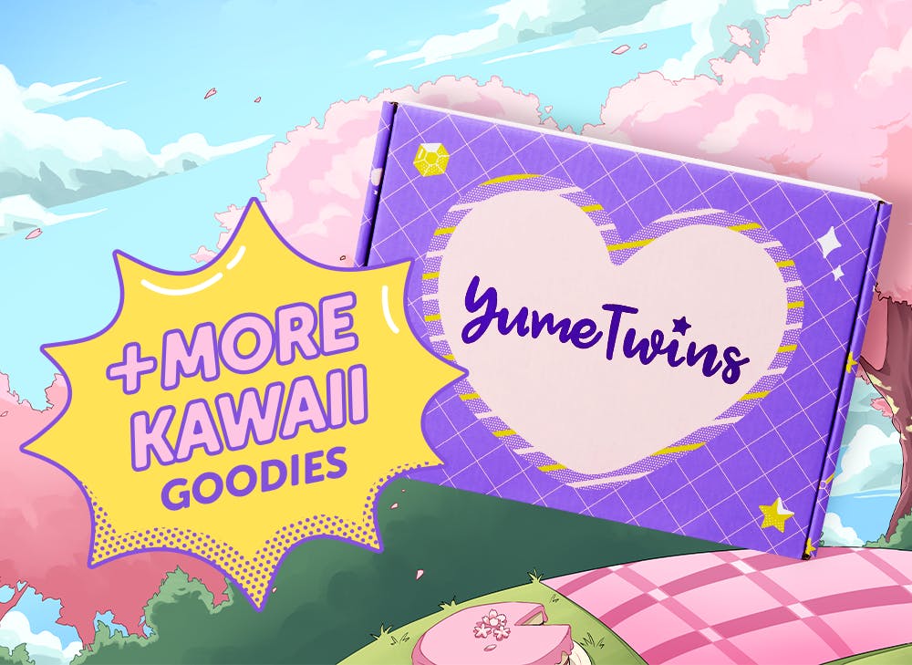 A purple YumeTwins box with a yellow word bubble with pink text and more Kawaii Goodies 