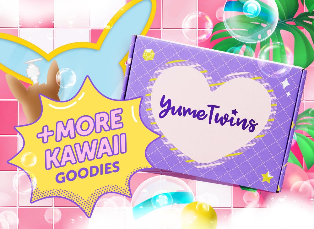 A purple YumeTwins box with a yellow bubble with the words + More Kawaii Goodies