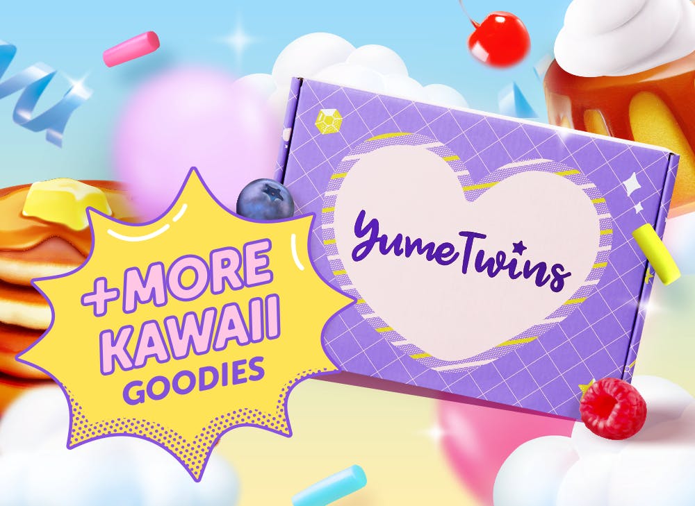 A purple YumeTwins box with a yellow word bubble with pink text and more Kawaii Goodies 