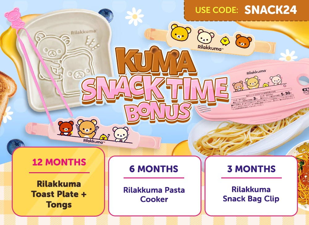 Sign up to YumeTwins with code SNACK24 for FREE Japan-exclusive Rilakkuma snack time bonus goodies!!