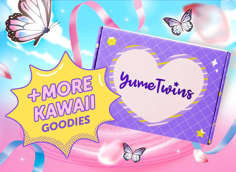 A purple YumeTwins box with a yellow word bubble with pink text and more Kawaii Goodies 