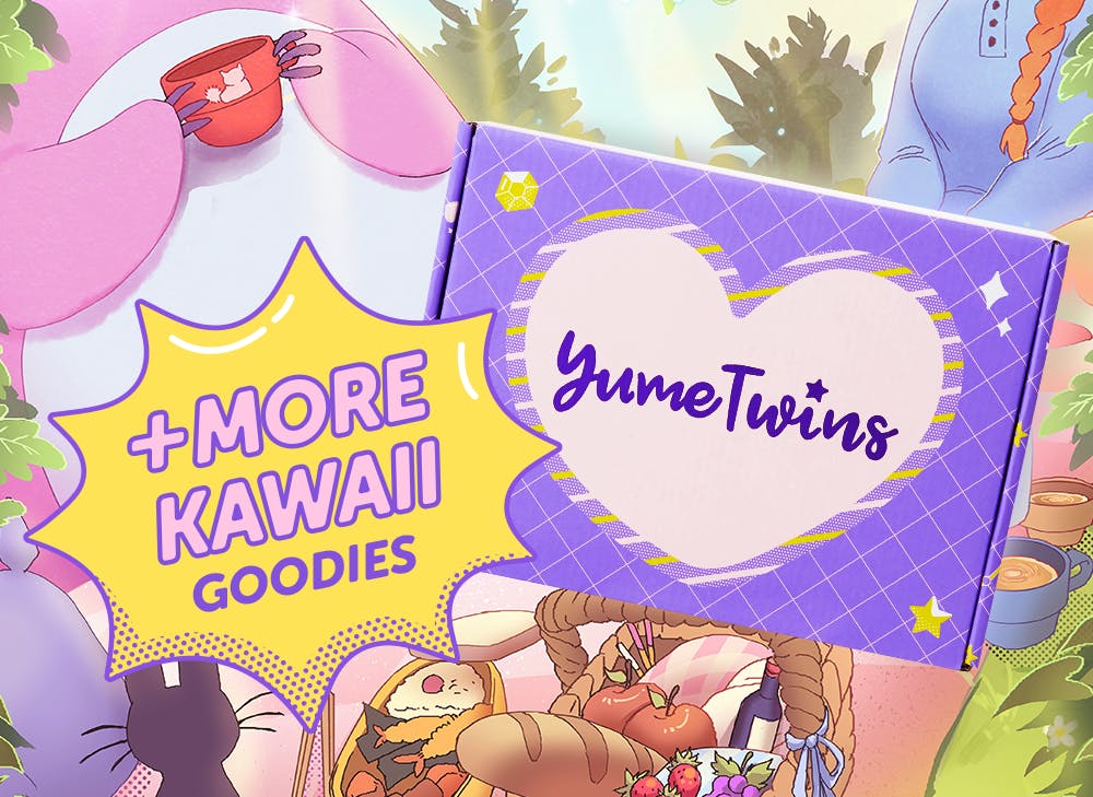 A purple YumeTwins box with a yellow word bubble with pink text and more Kawaii Goodies 