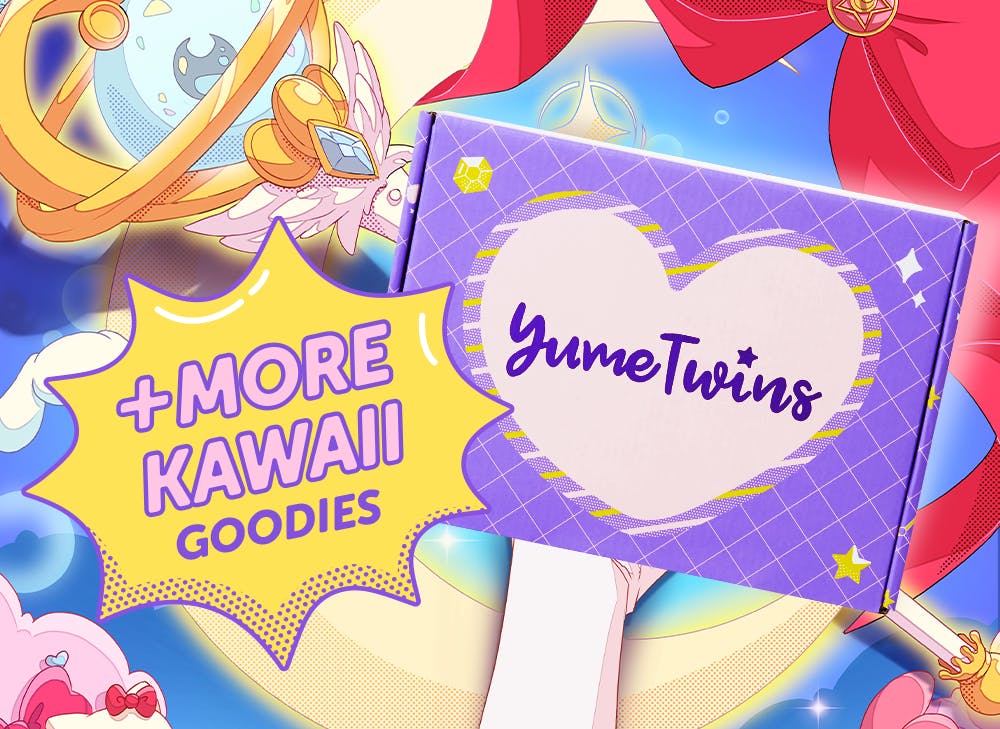 A purple YumeTwins box with a yellow word bubble with pink text and more Kawaii Goodies 