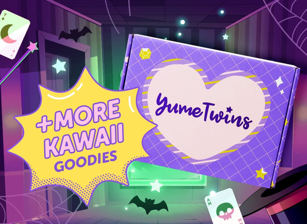 A purple YumeTwins box with a yellow word bubble with pink text and more Kawaii Goodies 