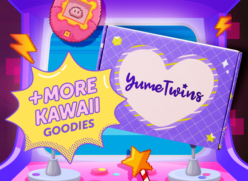 A purple YumeTwins box with a yellow bubble with the words + More Kawaii Goodies