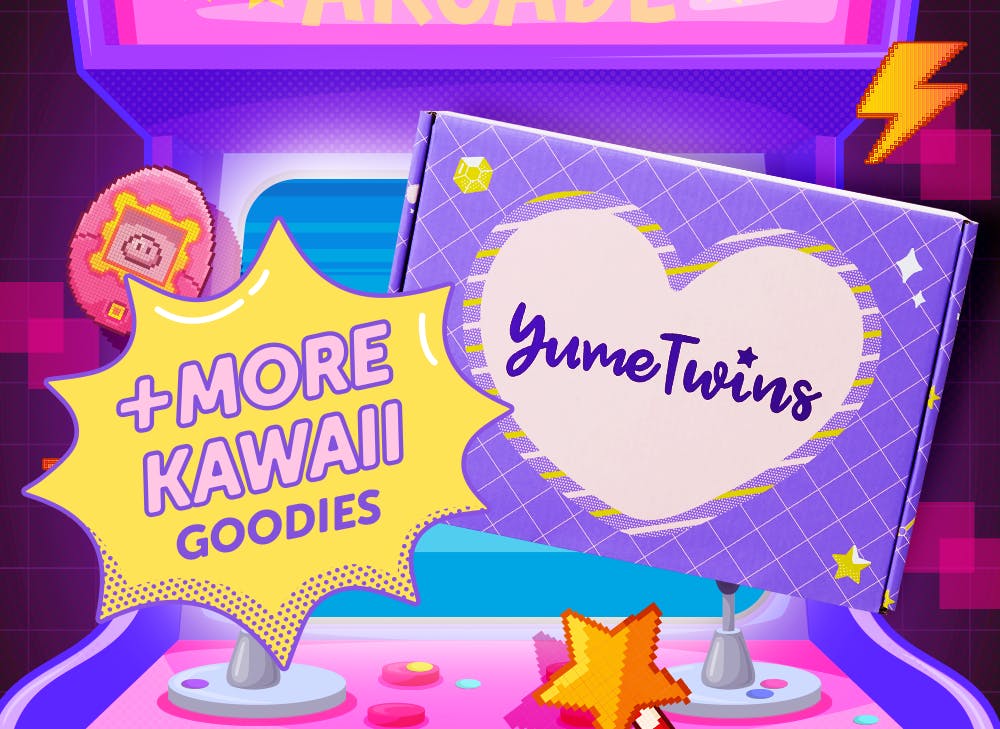 A purple YumeTwins box with a yellow word bubble with pink text and more Kawaii Goodies 