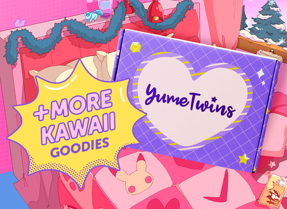 A purple YumeTwins box with a yellow bubble with the words + More Kawaii Goodies