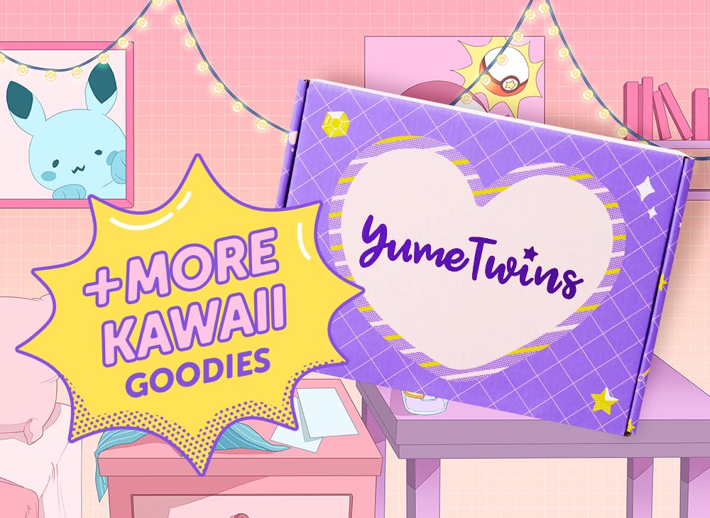 A purple YumeTwins box with a yellow word bubble with pink text and more Kawaii Goodies 
