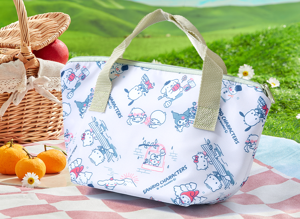 Sanrio Picnic Cooler Bag sits on a kawaii picnic background.