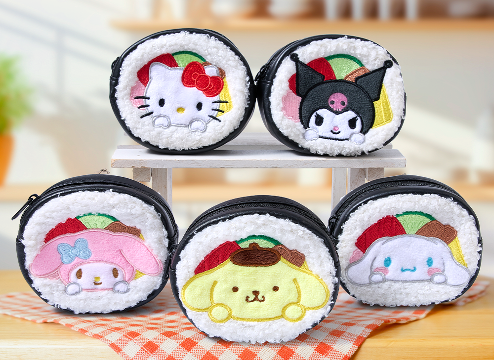 Sanrio Sushi Roll Mini Pouch sits on a kawaii kitchen background.