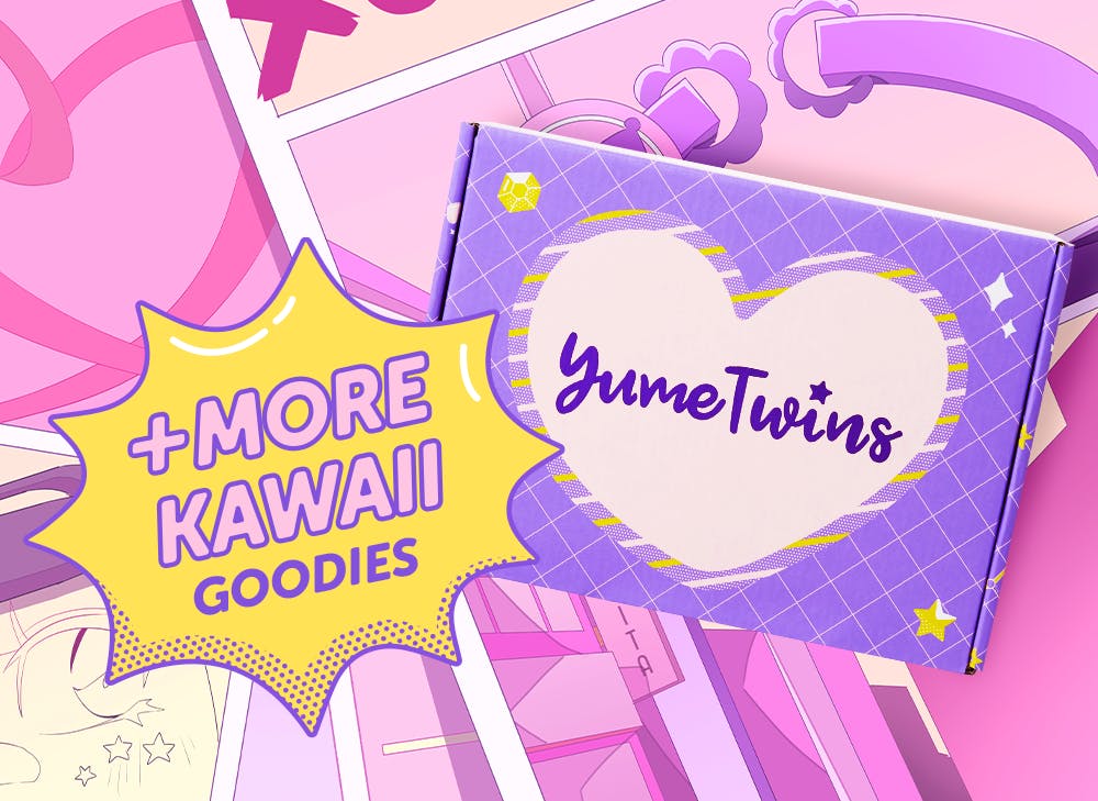 A purple YumeTwins box with a yellow word bubble with pink text and more kawaii goodies