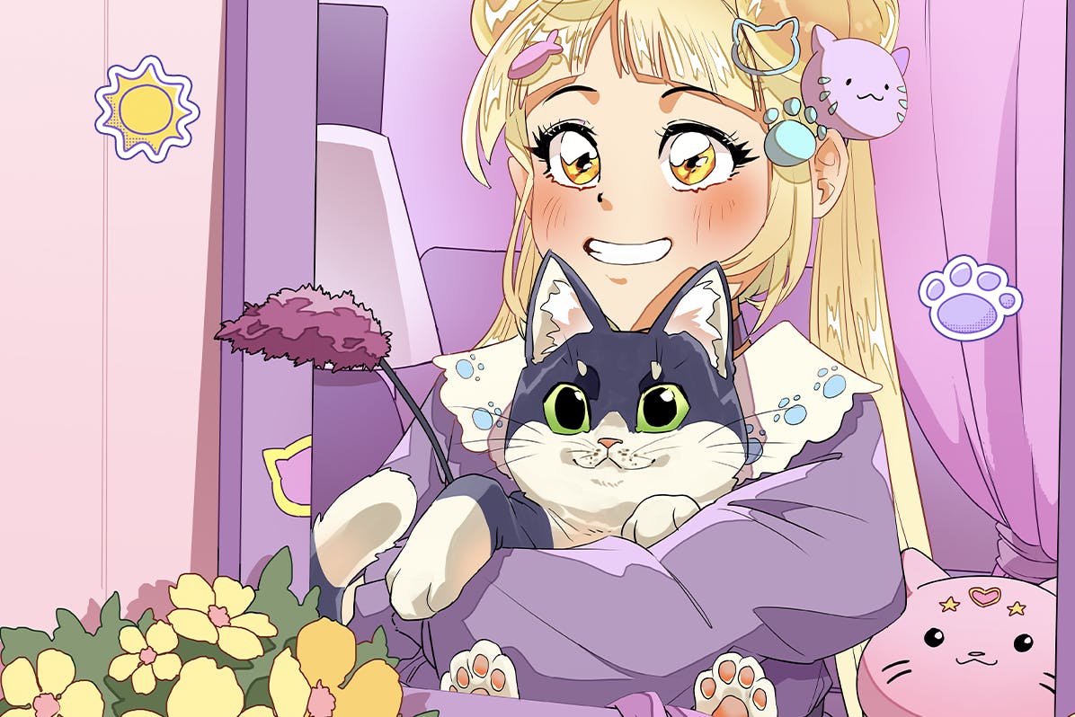 Girl holding her cat while looking out the window
