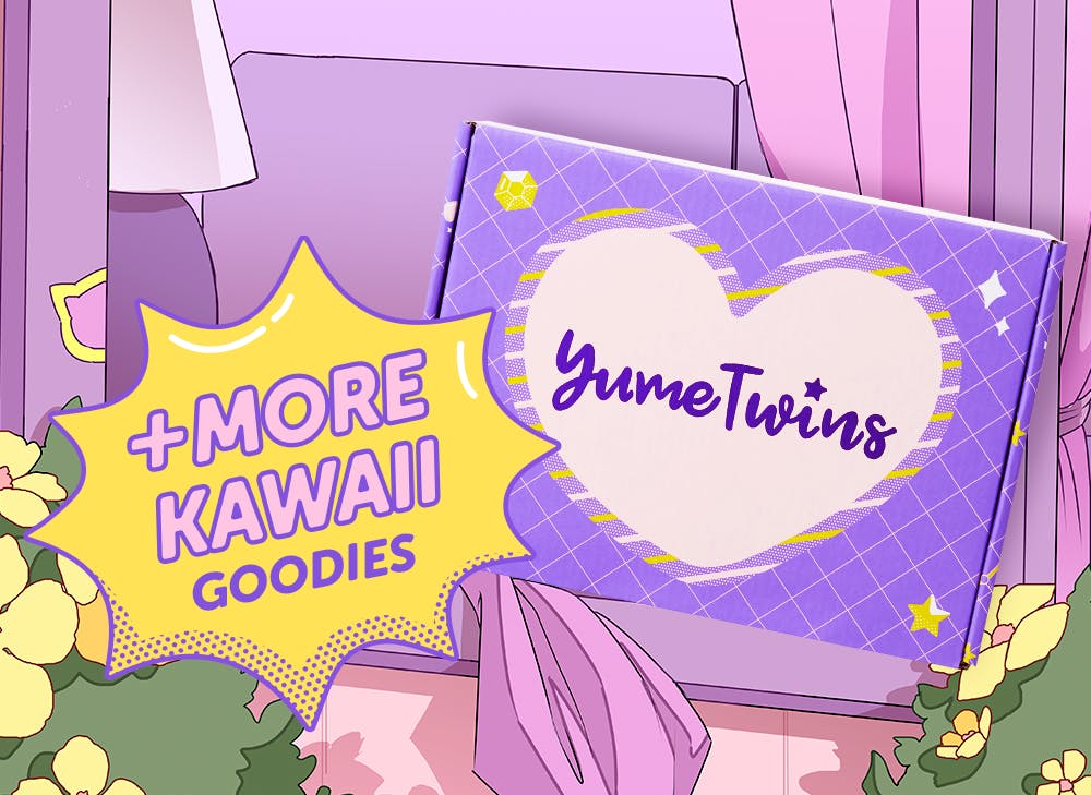 A purple YumeTwins box with a yellow word bubble with pink text and more kawaii goodies 