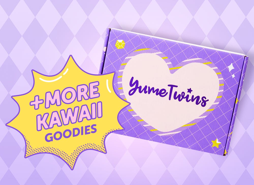 A purple YumeTwins box with a yellow word bubble with pink text and more kawaii goodies
