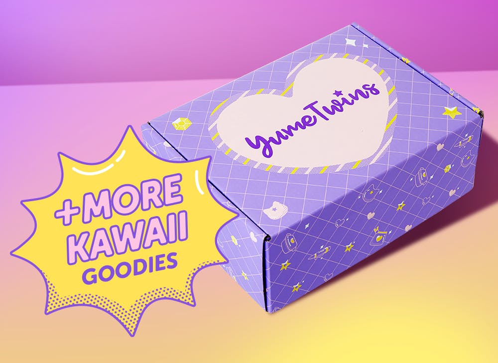 A purple YumeTwins box with a yellow word bubble with pink text and more kawaii goodies