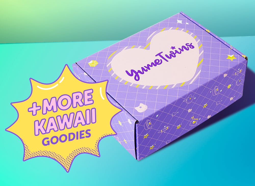 A purple YumeTwins box with a yellow word bubble with pink text and more kawaii goodies
