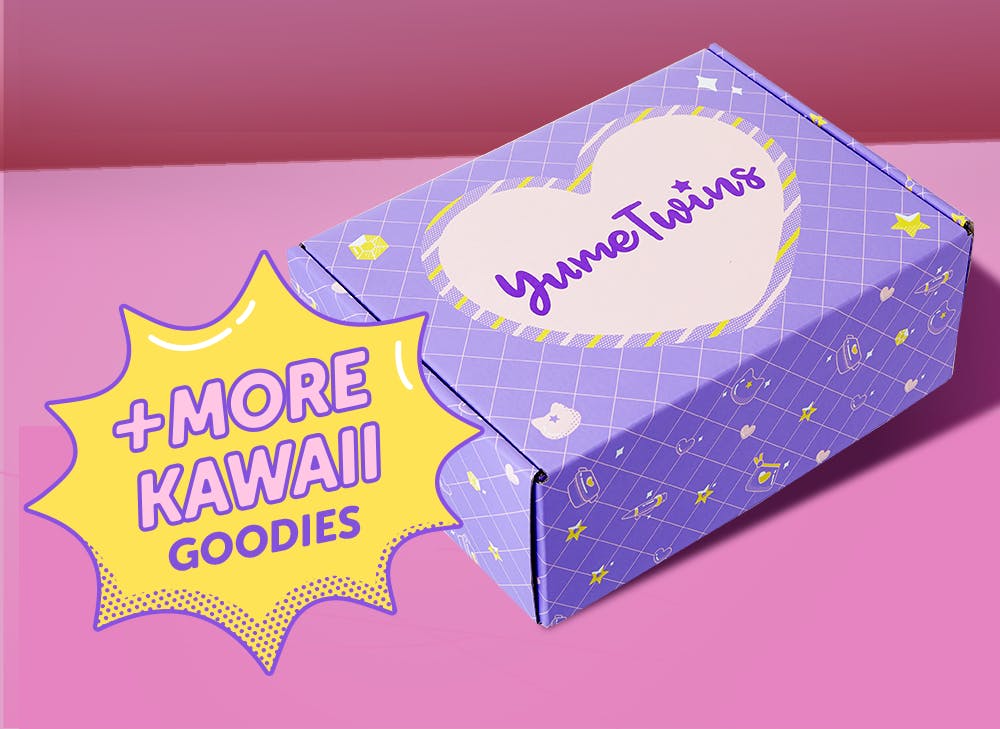 A purple YumeTwins box with a yellow word bubble with pink text and more kawaii goodies 