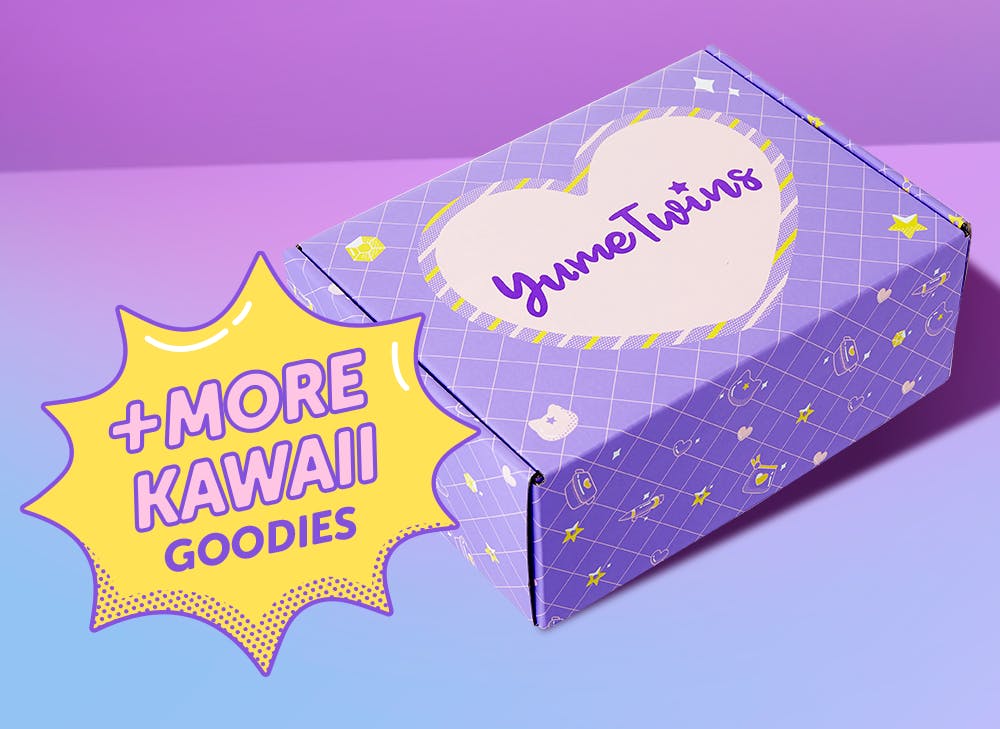 A purple YumeTwins box with a yellow word bubble with pink text and more kawaii goodies 