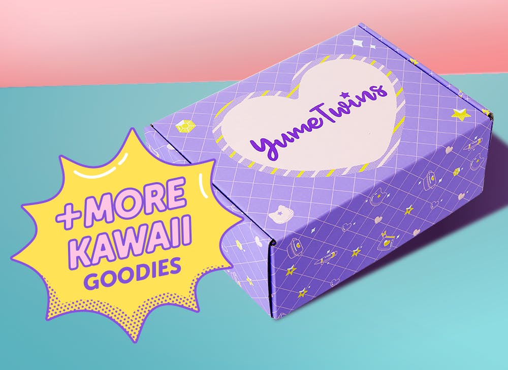 A purple YumeTwins box with a yellow word bubble with pink text and more kawaii goodies 