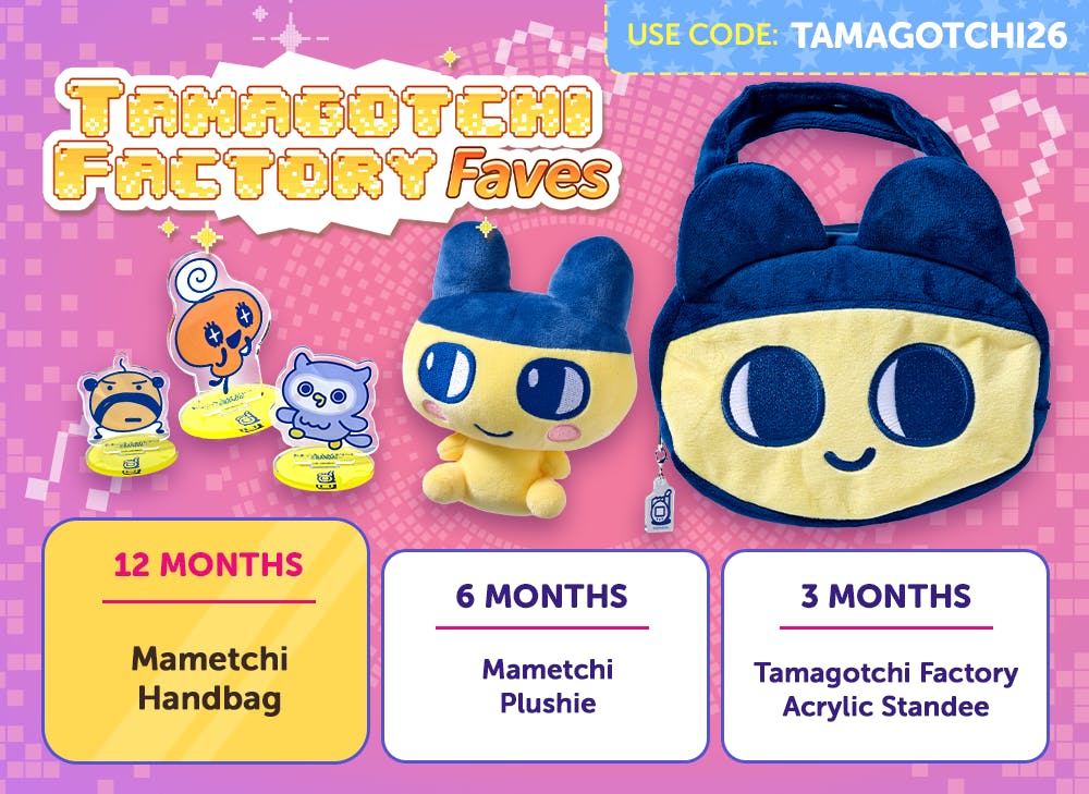 Sign up to YumeTwins with code TAMAGOTCHI26 for FREE Japan-exclusive Tamagotchi goodies by 3/15!