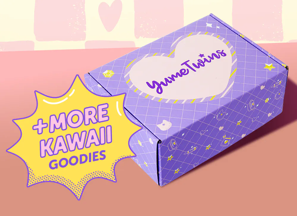 A purple YumeTwins box with a yellow word bubble with pink text and more kawaii goodies 