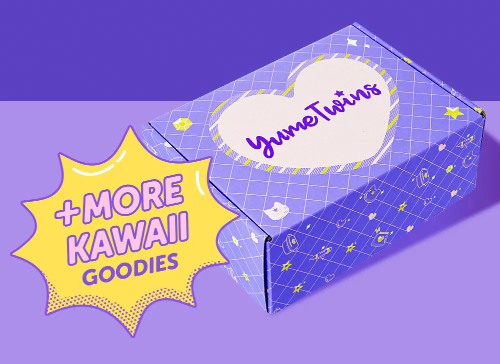 A purple YumeTwins box with a yellow word bubble with pink text and more kawaii goodies