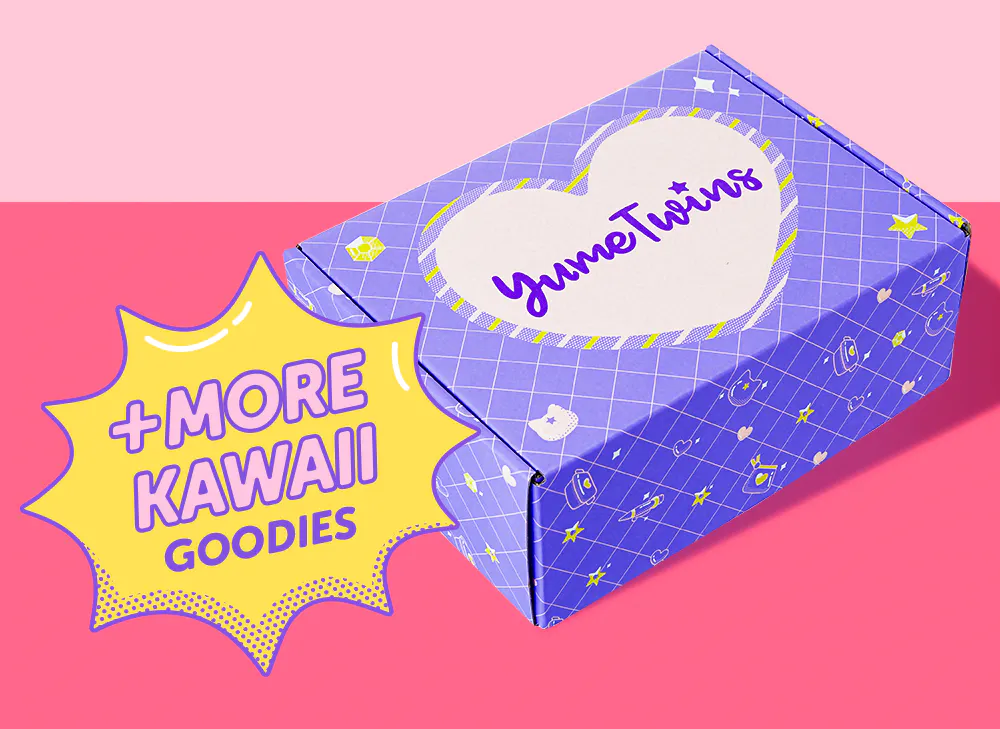 A purple YumeTwins box with a yellow word bubble with pink text and more kawaii goodies