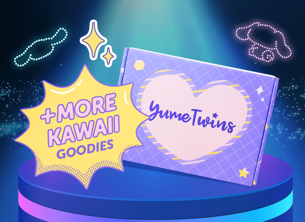 A YumeTwins box next to a text bubble that says there are more kawaii goodies in the Kawaii Desk Essentials box