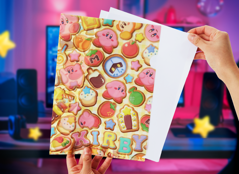 two hands holding a kirby clear file and pulling out a white piece of paper 