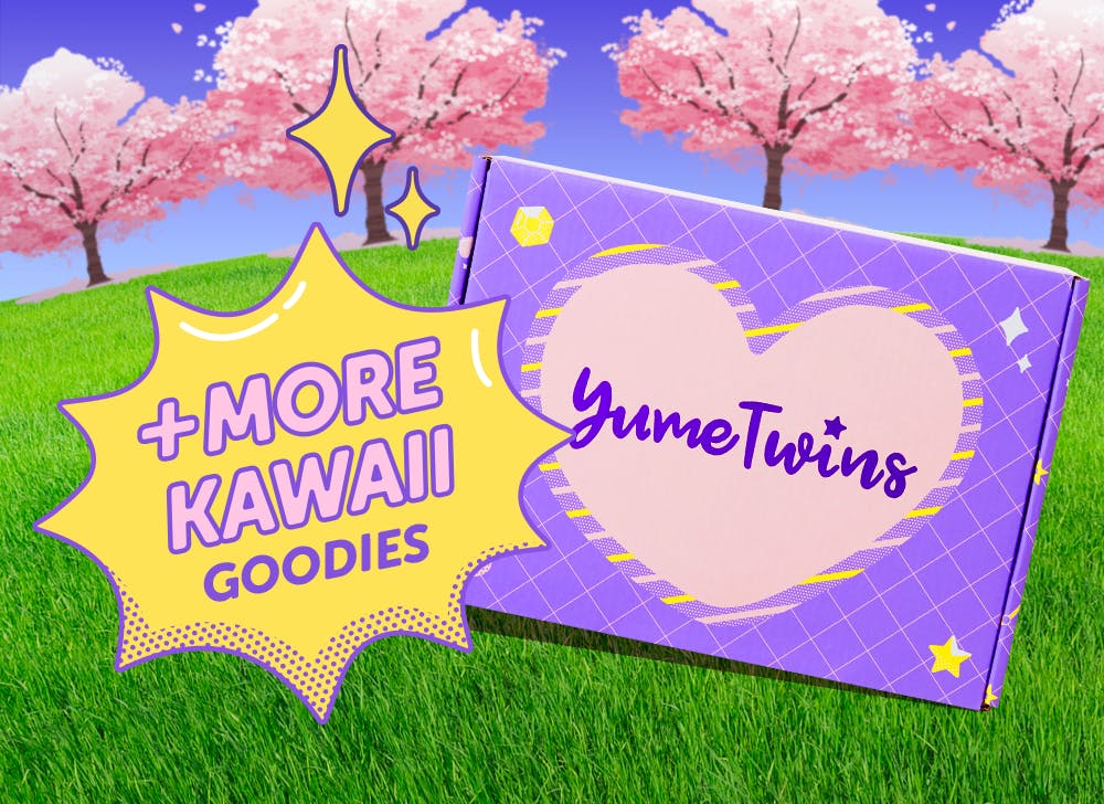 A YumeTwins box with the text + More kawaii goodies in from of cherry blossom trees.