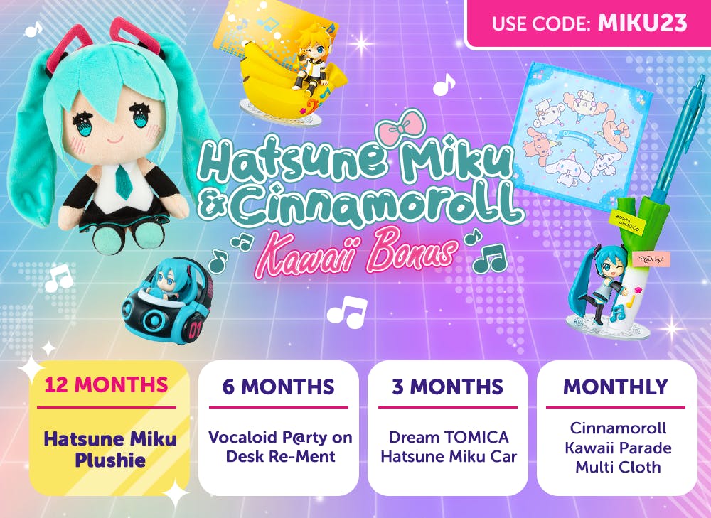 The YumeTwins Hatsune Miku & Cinnamoroll Kawaii Bonus promotion featuring kawaii Hatsune Miku and Cinnamoroll goodies for FREE with code MIKU23