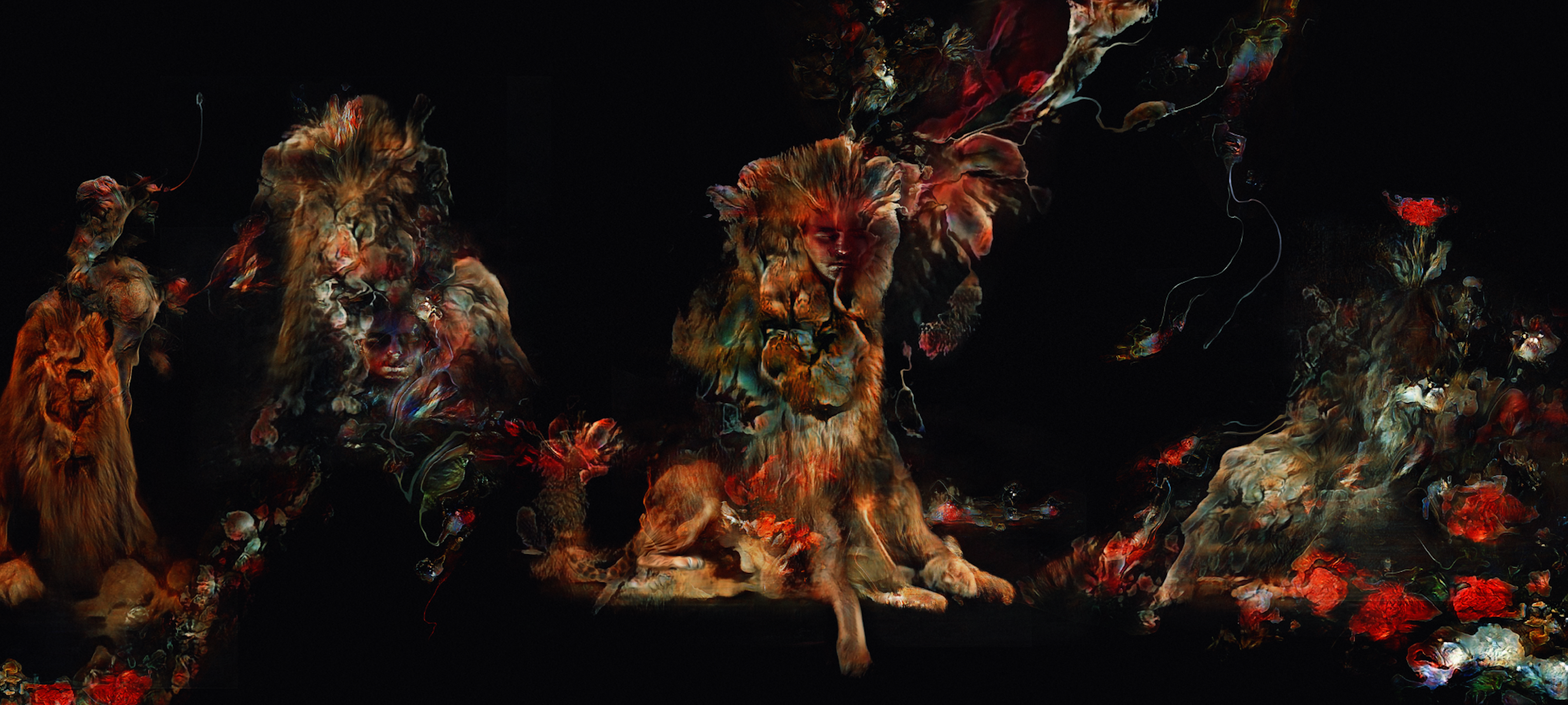 Photo collage of a lion and a human interacting in different poses. The colors are golden and red and set against a black background.