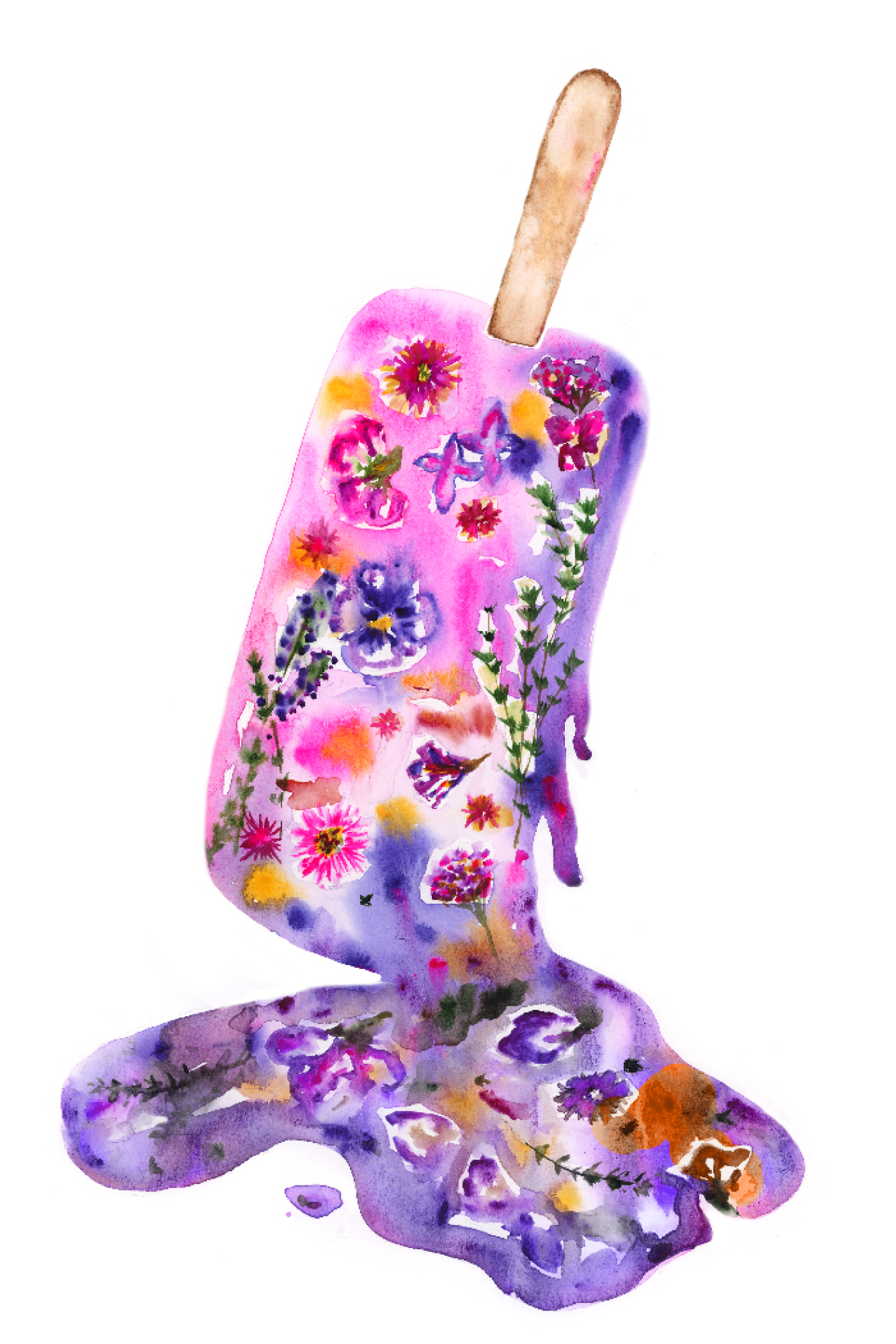 Image showing a melting pop-sickle in hot pink and purple colors with flowers pressed into it.