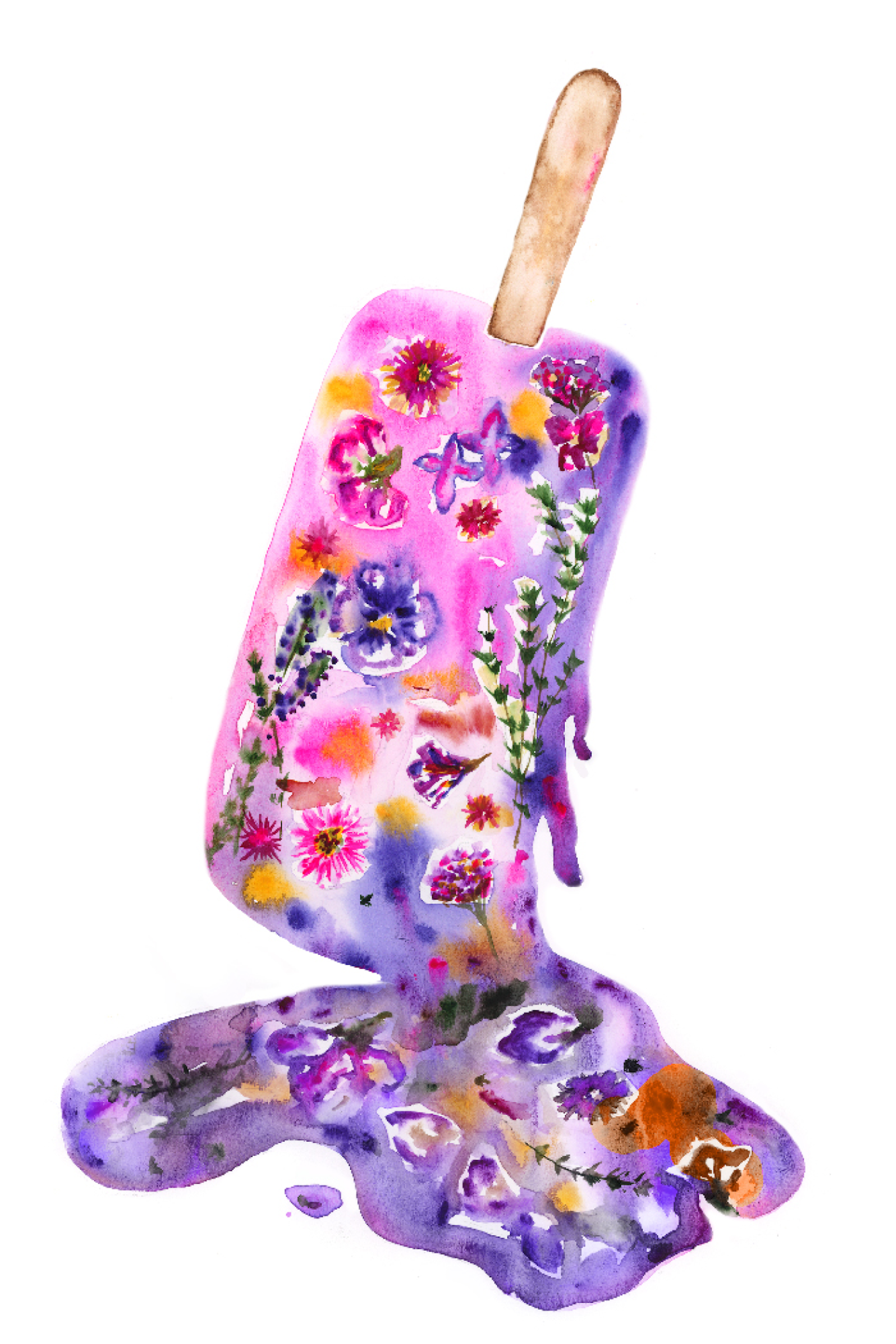 Image showing a melting pop-sickle in hot pink and purple colors with flowers pressed into it. 
