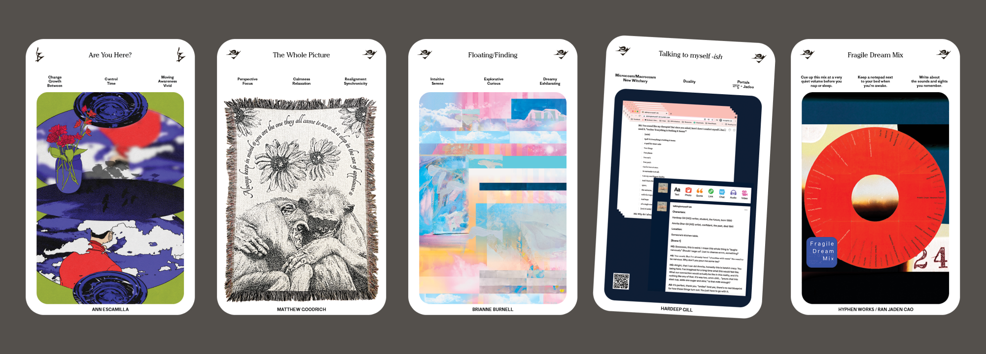 Photo of five cards lying next to each other face up displaying five participants projects.