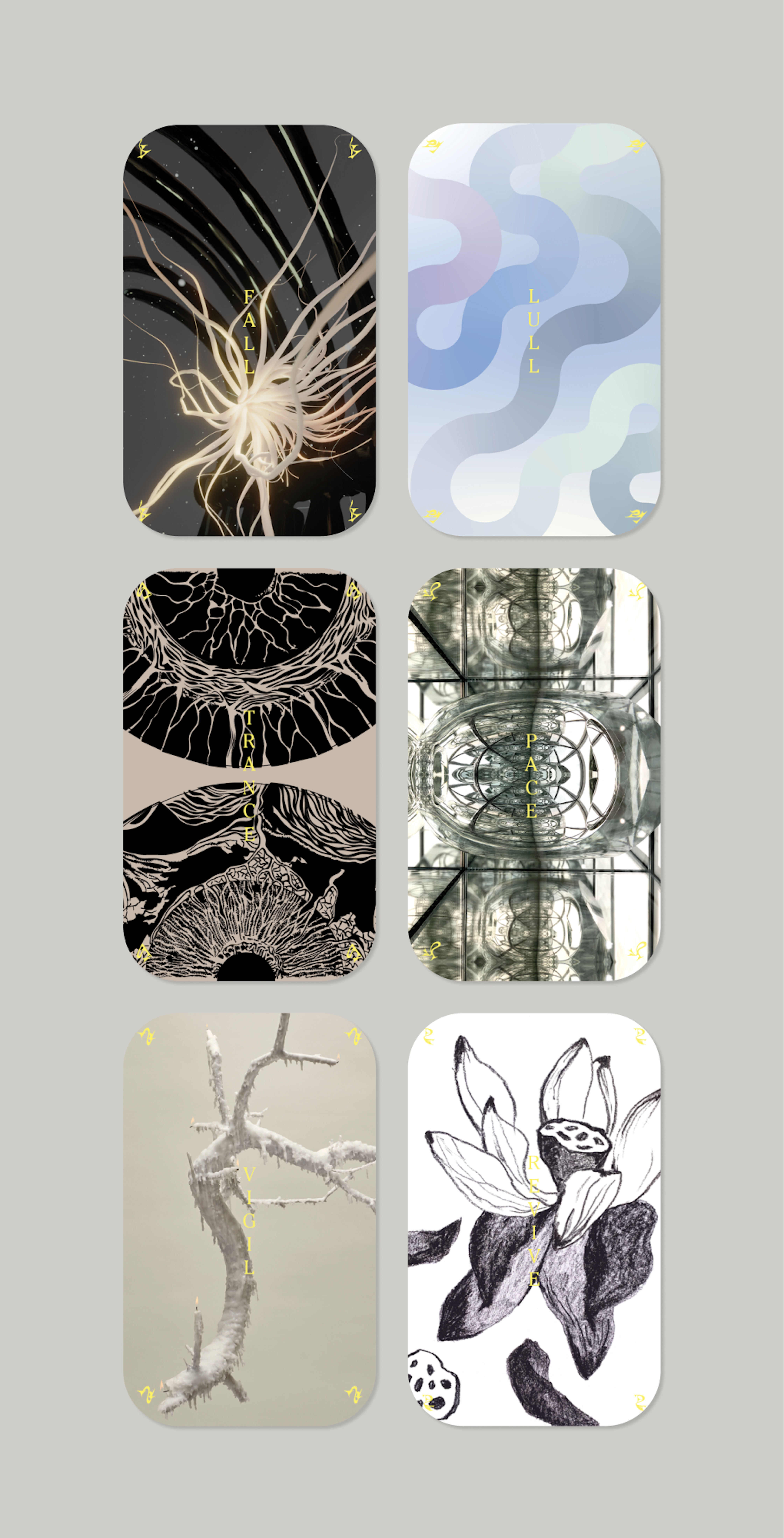 Image showing the six images that represents the six states in Sleepwalking. The states are Vigil, Pace, Trance, Fall, Lull, and Revive.