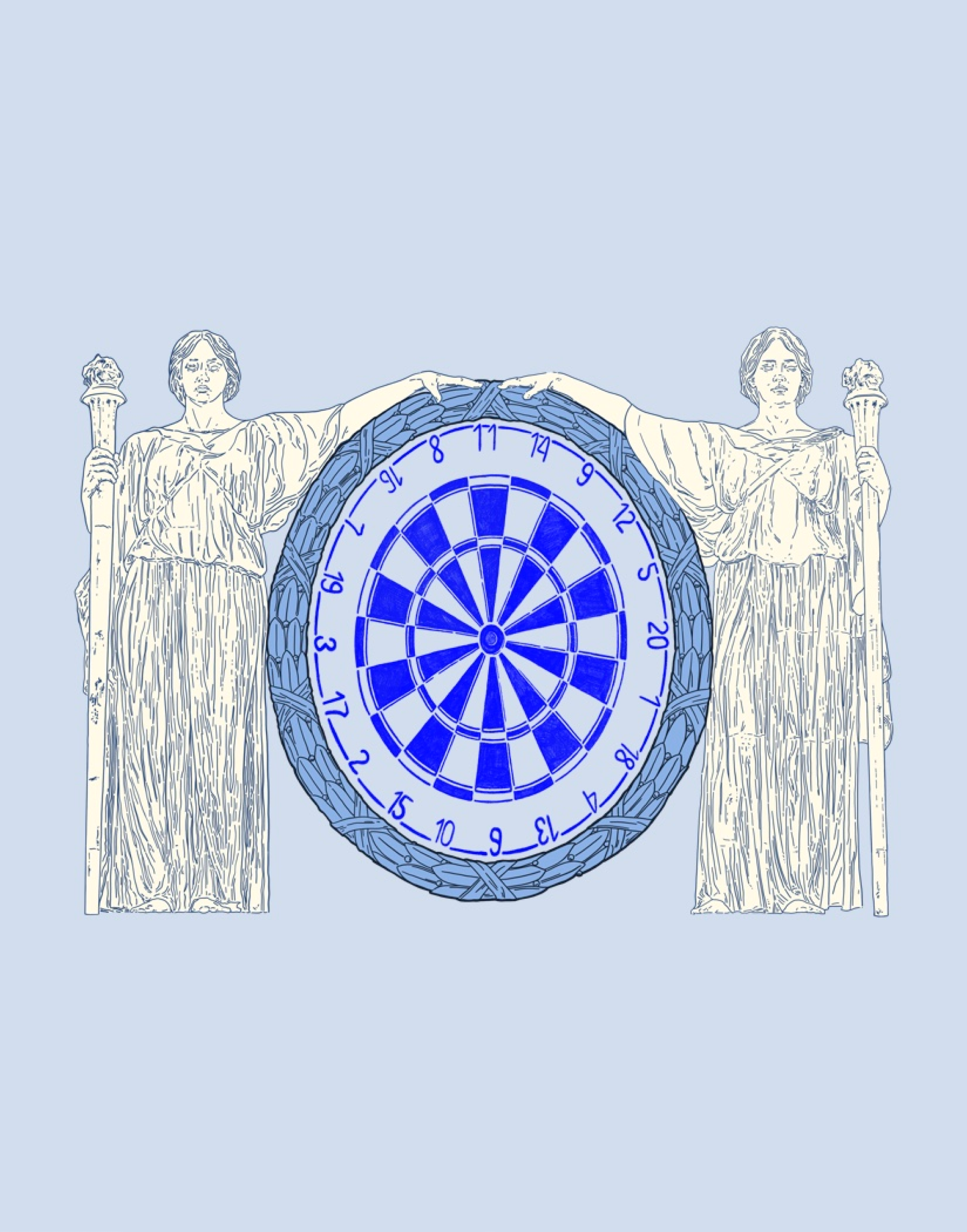 Illustrations showing a dart target in the center in three shades of blue. On both sides of the target are drawings of white marble statues holding the target in their hands. Everything is set against a dusty blue background.