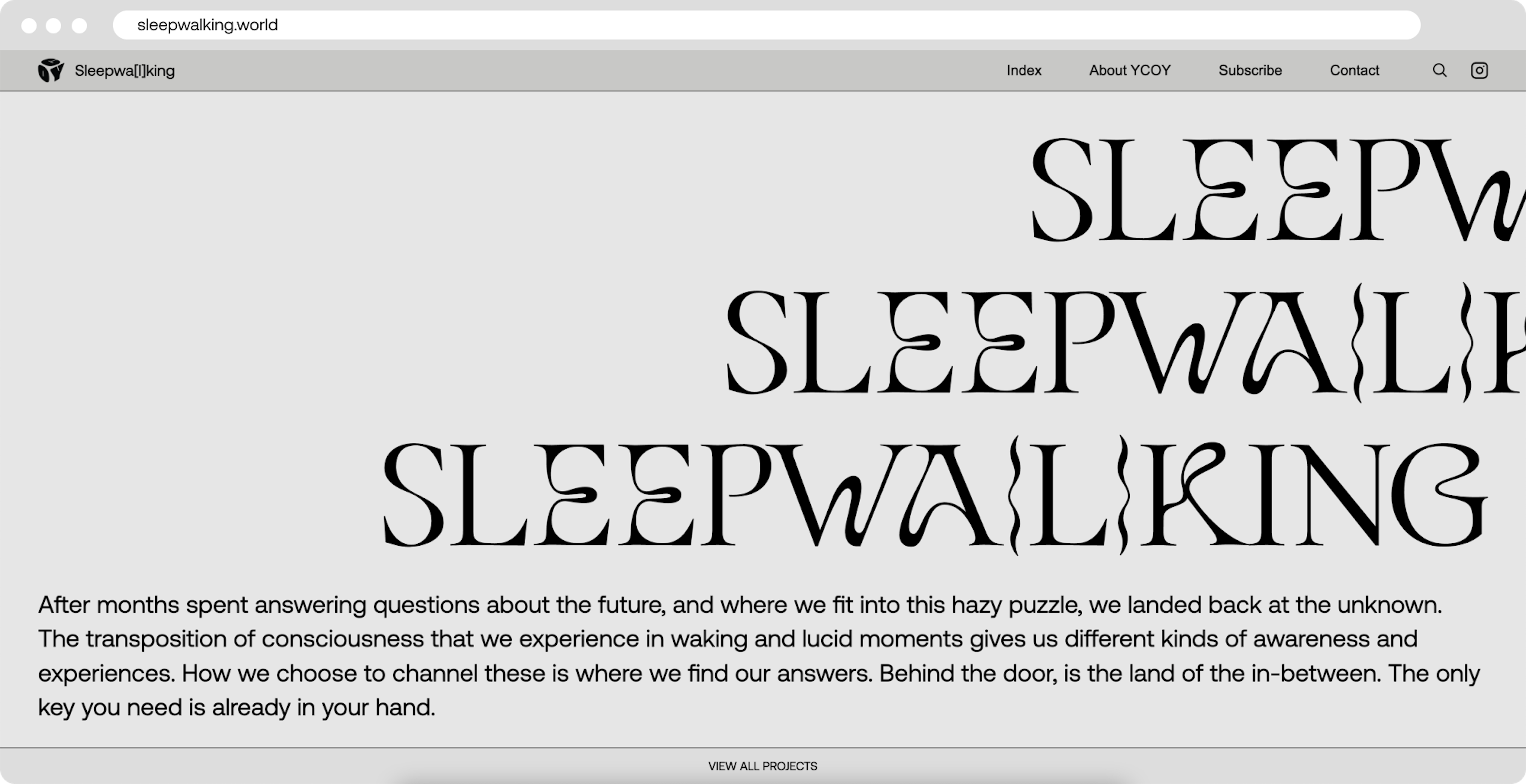 Images showing the landing page of the Sleepwalking.world website. The background is light gray and across it says SLEEPWALKING multiple times in a black art deco font.