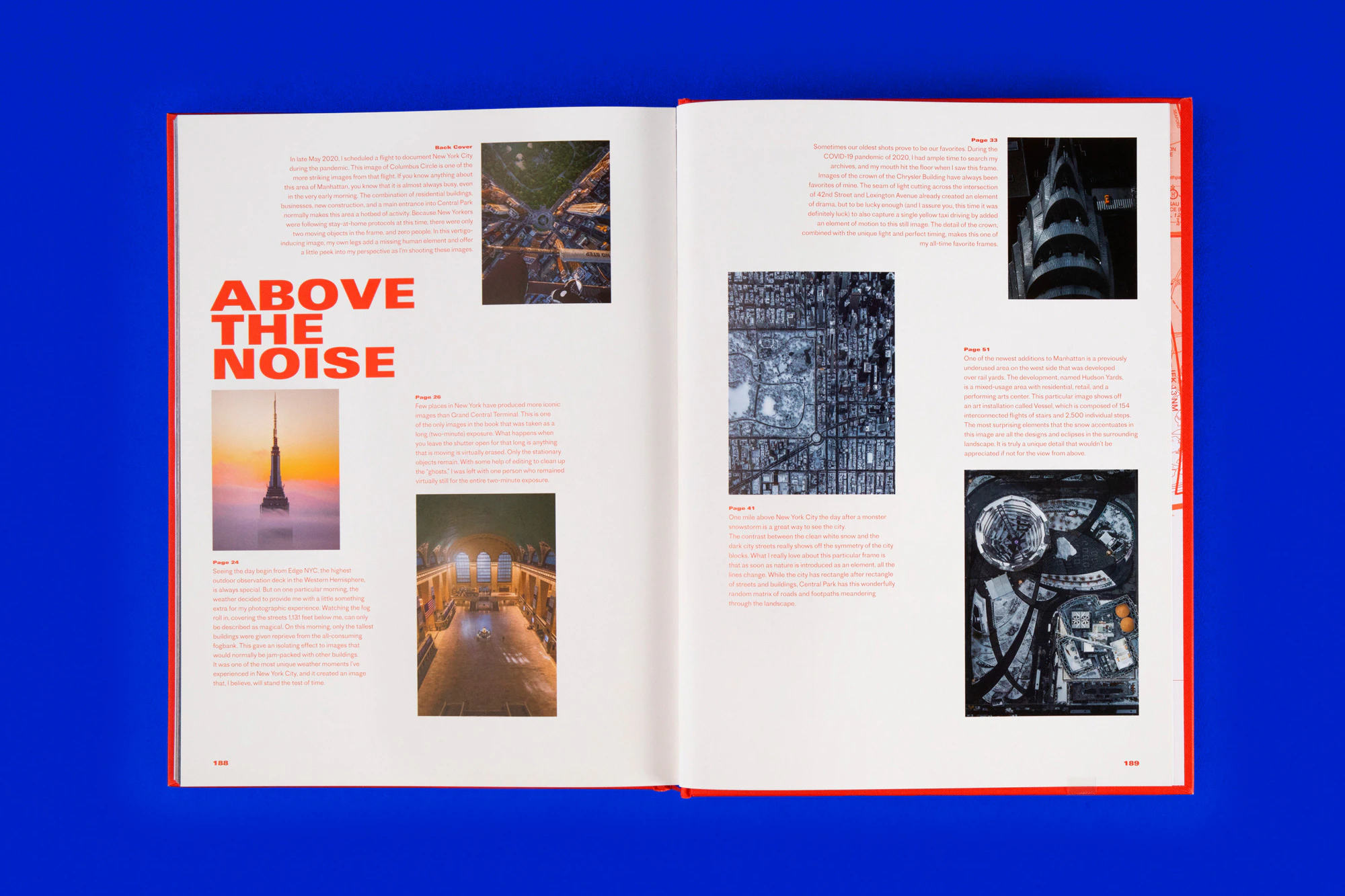 Overhead photo showing a double spread from the book with six different New York pictures. The title of the spread is ABOVE THE NOISE which is written in red. The book is resting on a cobalt blue seamless.