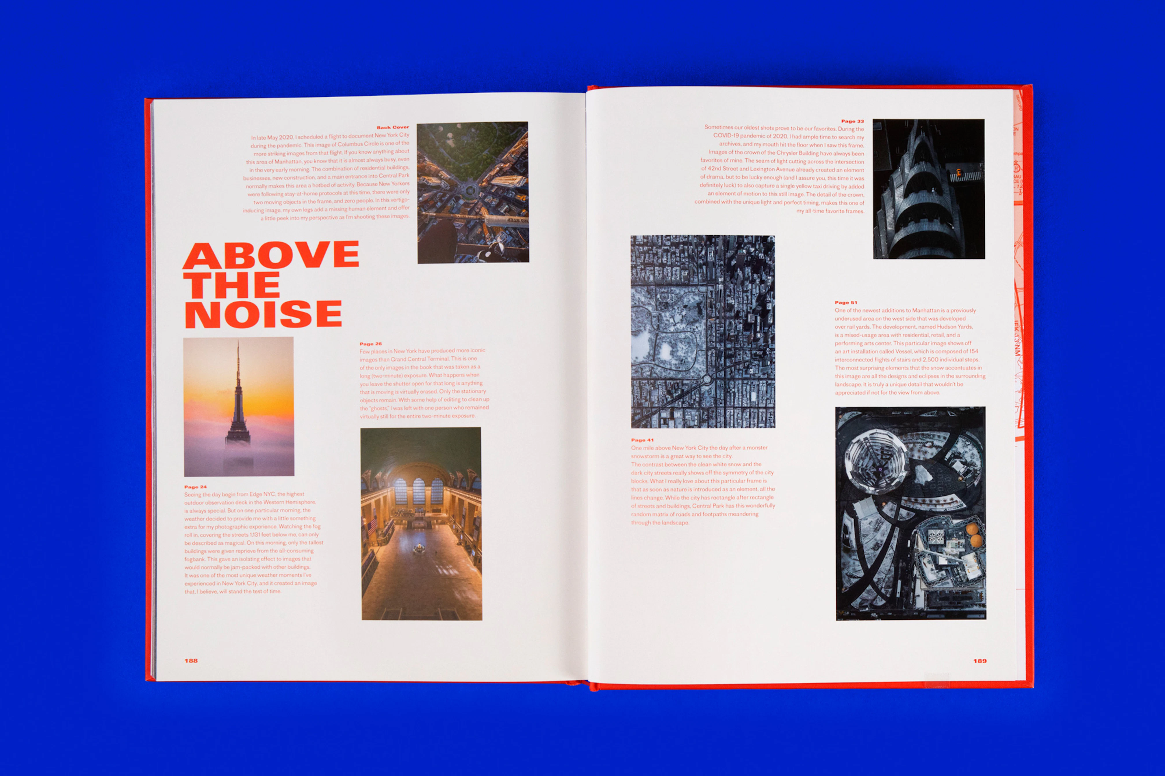 Overhead photo showing a double spread from the book with six different New York pictures. The title of the spread is ABOVE THE NOISE which is written in red. The book is resting on a cobalt blue seamless.