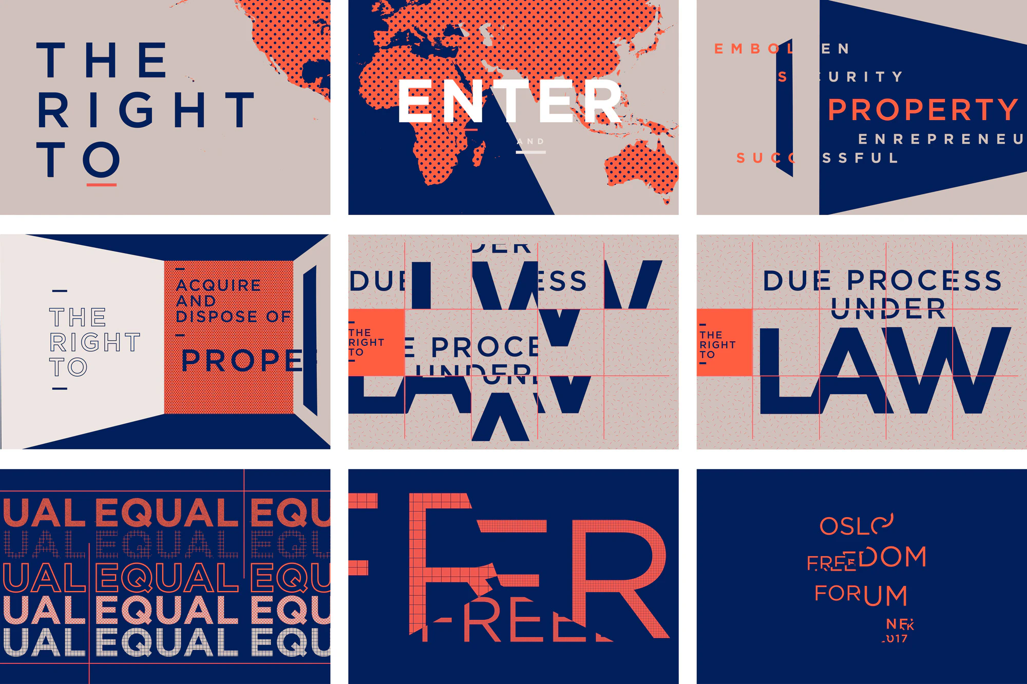 Image shows a grid of 9 graphics in the colors navy blue, coral, and light gray.