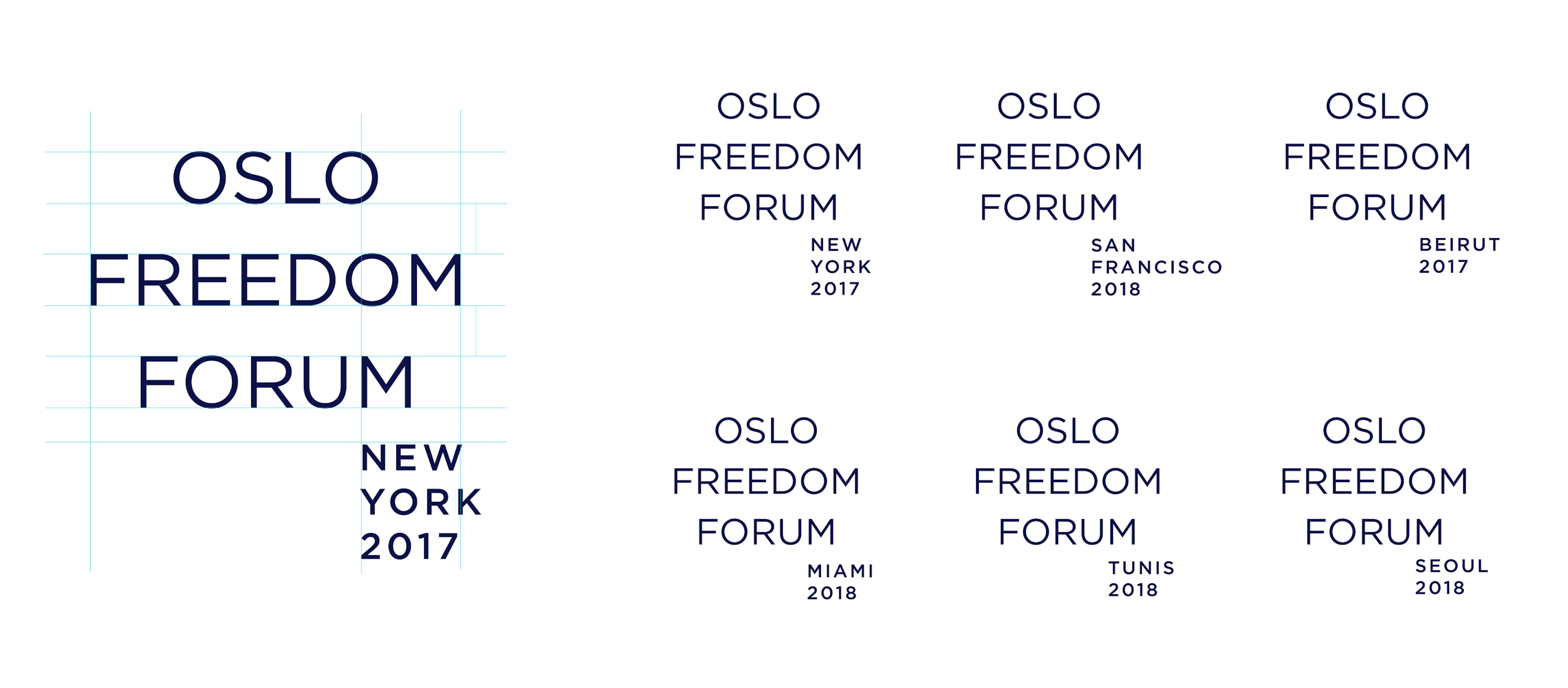 Graphic shows the grid for laying out the Oslo Freedom Forum logo. The largest one is the one for NEW YORK 2017. There are 6 more smaller logos featuring 6 other city names. 