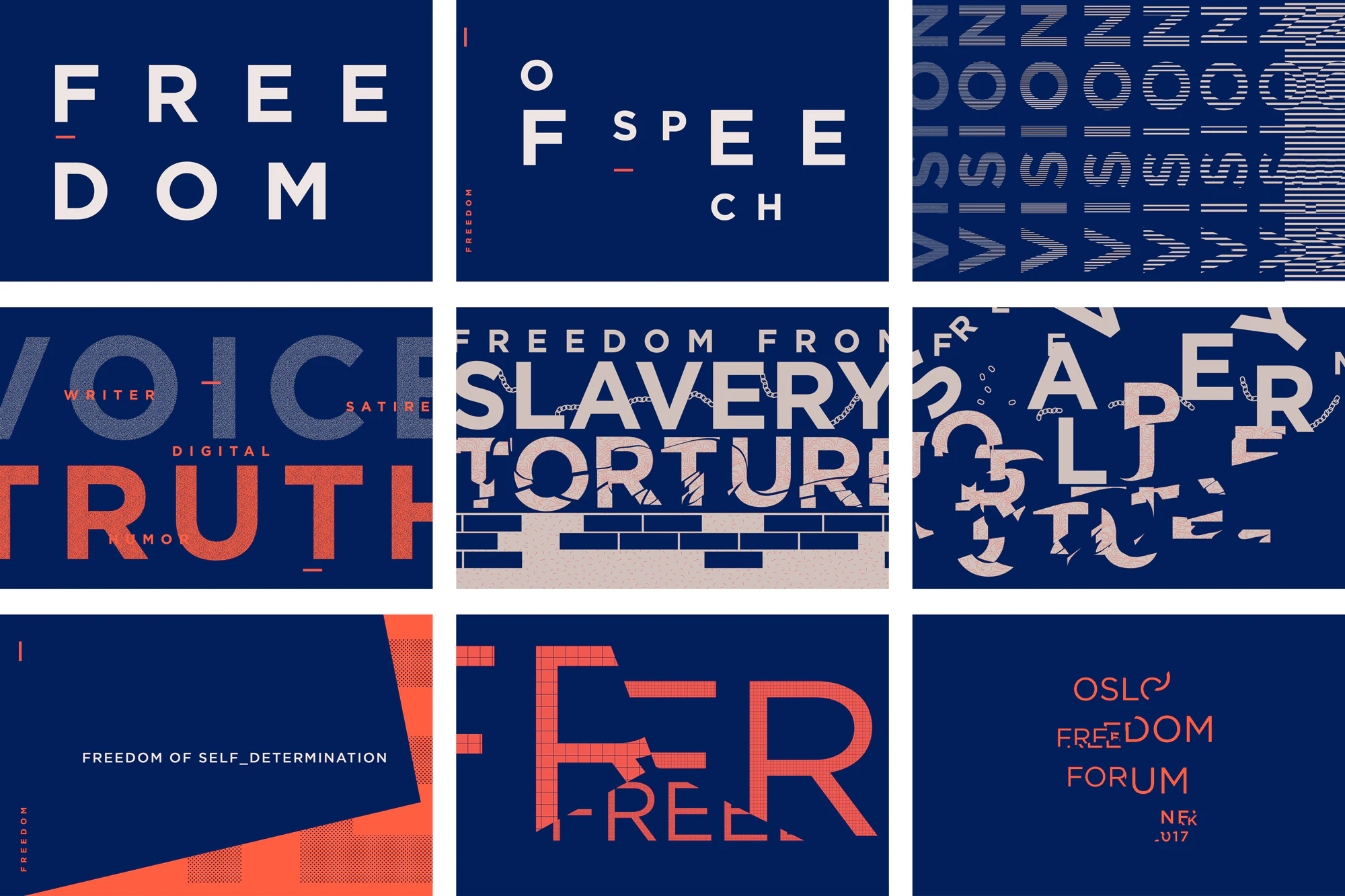 Image shows a grid of graphics on navy blue backgrounds with words in light gray, white, and orange.