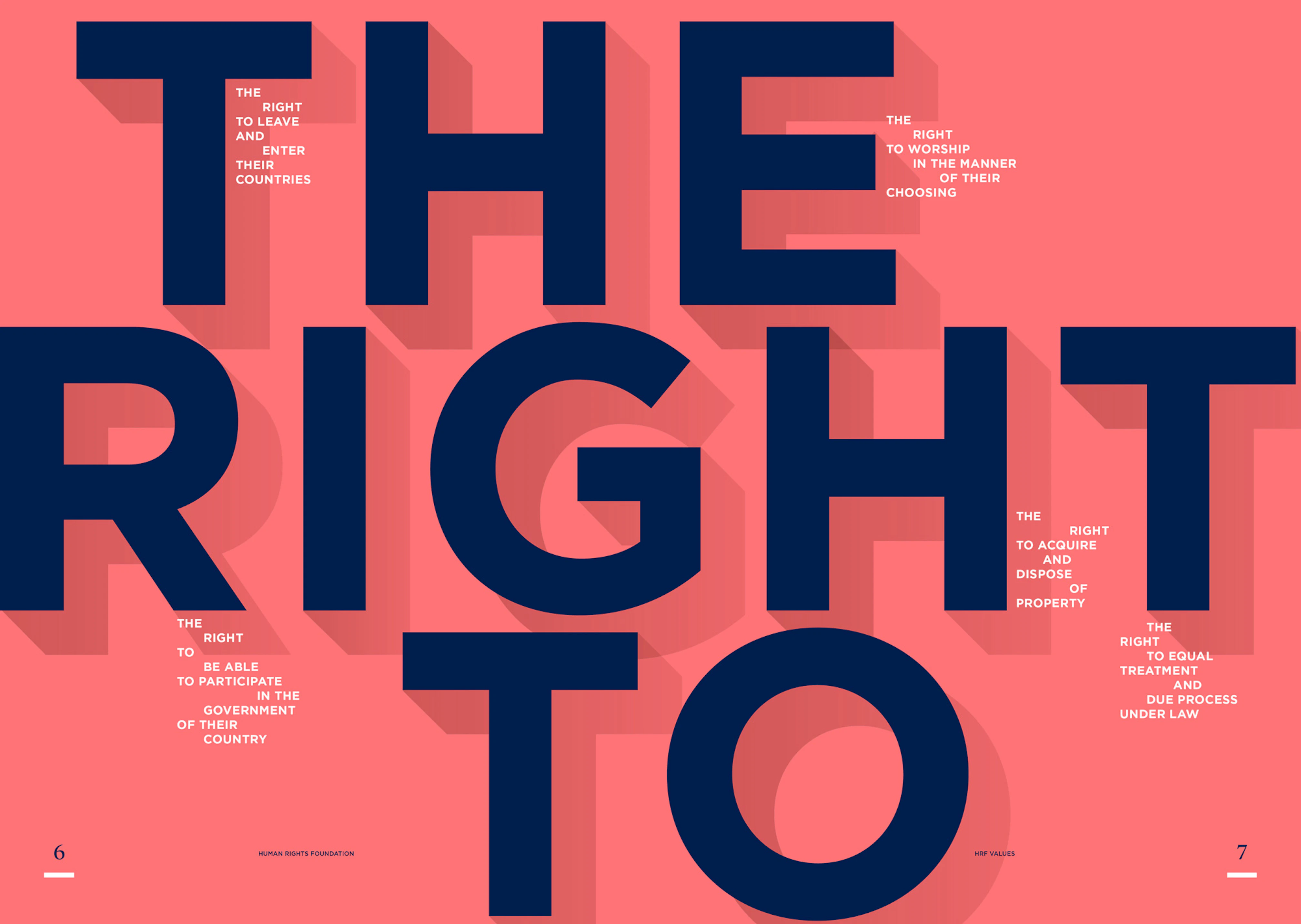 Image shows a graphic of the phrase THE RIGHT TO in oversized navy letters in a sans-serif font. It is on a coral background with a drop shadow and surrounded by small white text. 