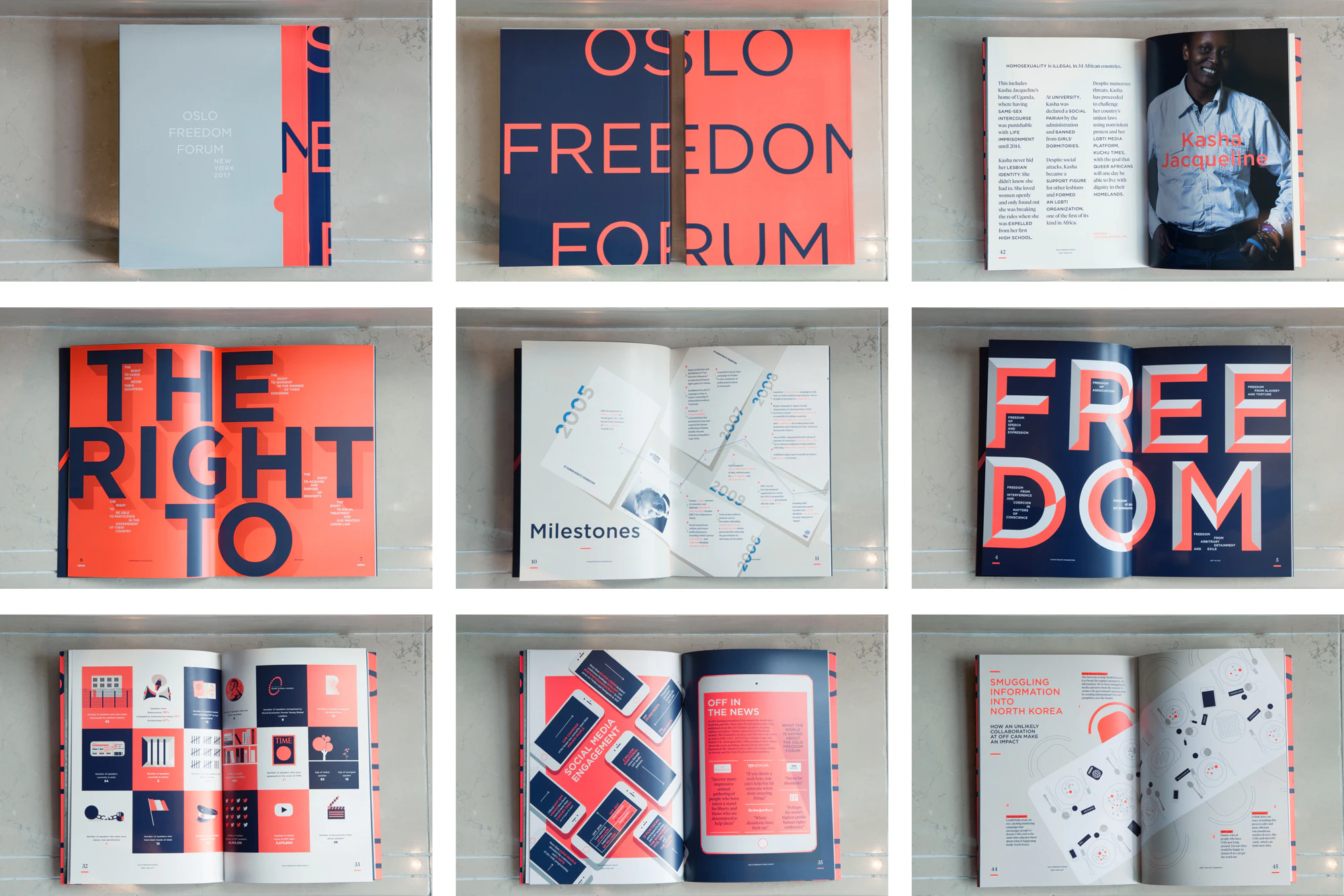 Image shows a grid of 9 images that depict the event booklet. It is light gray, orange, and navy blue and consists of large text graphics, infographics, and images.