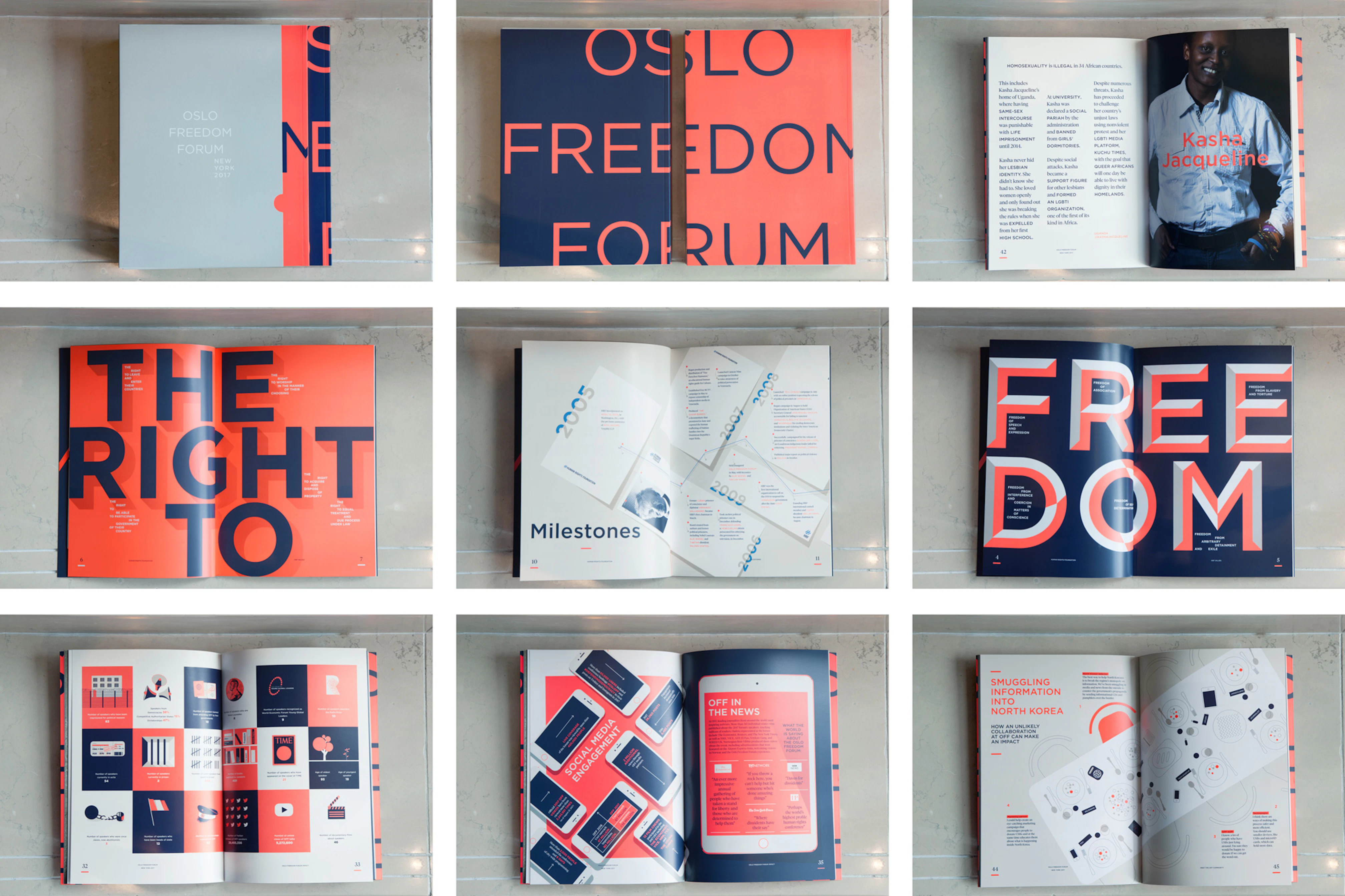 Image shows a grid of 9 images that depict the event booklet. It is light gray, orange, and navy blue and consists of large text graphics, infographics, and images. 